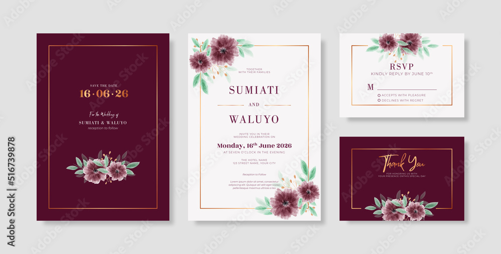 Burgundy wedding invitation set template Stock Vector | Adobe Stock