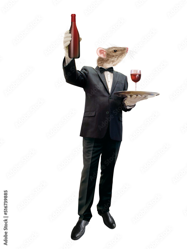 rat, habillé en homme, déguisé, maître d'hôtel, vin, servir, serveur ...