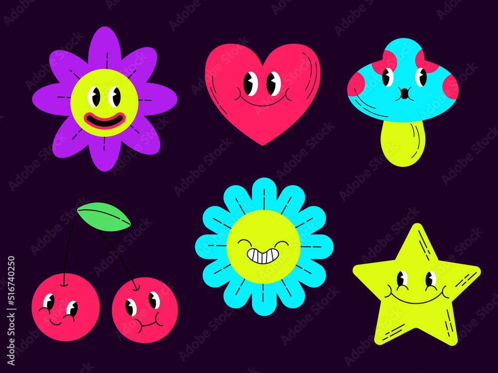 Funny crazy psychedelic stickers set print. Vector cartoon illustration sticker pack design. Psychedelic,groovy,trippy,lsd acid,magic mushrooms print for t-shirt,poster,card concept EPS Funny crazy psychedelic stickers set print. Vector cartoon illustration sticker pack design. Psychedelic,groovy,trippy,lsd acid,magic mushrooms print for t-shirt,poster,card concept EPS