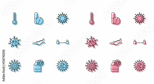 Set line Virus, Bottle with virus, Medical thermometer, Ebola disease, Safe distance, and Medicine pill or tablet icon. Vector