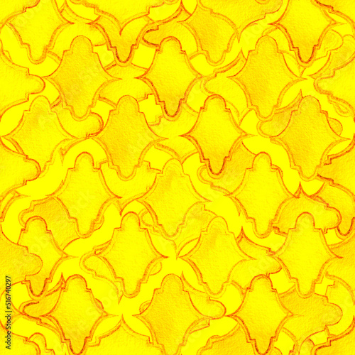 Quatrefoil Seamless Pattern. Fortuna Gold and Yellow Geometric Morrocan Tile. Lattice Marrakesh Watercolor Design. Rhombus Majolica Background. Barbed Watercolour Trellis. Arabic Damask Print.