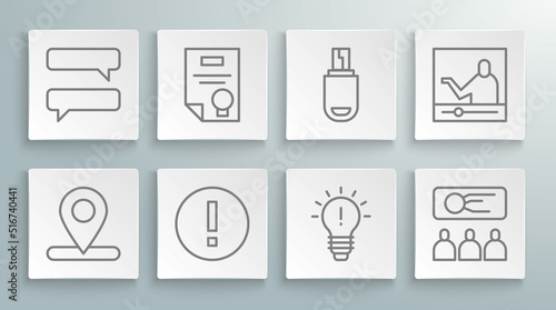 Set line Location, Certificate template, Information, Light bulb with concept of idea, Training, presentation, USB flash drive, Online education and Speech bubble chat icon. Vector