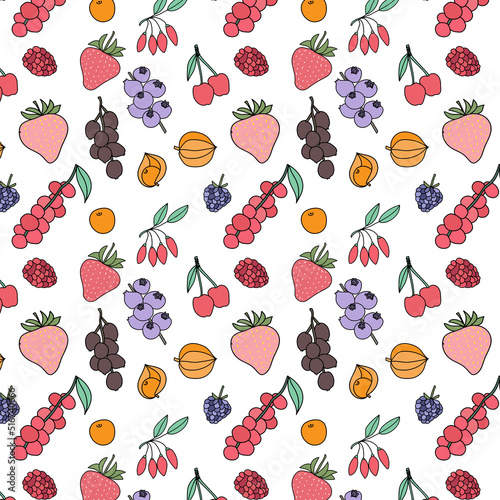 Seamless pattern background of hand drawn vector mixed berry fruit on white background