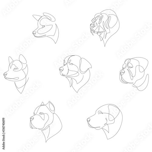Breeds of dogs drawn in minimalist style set. One line dogs. Vector illustration.
