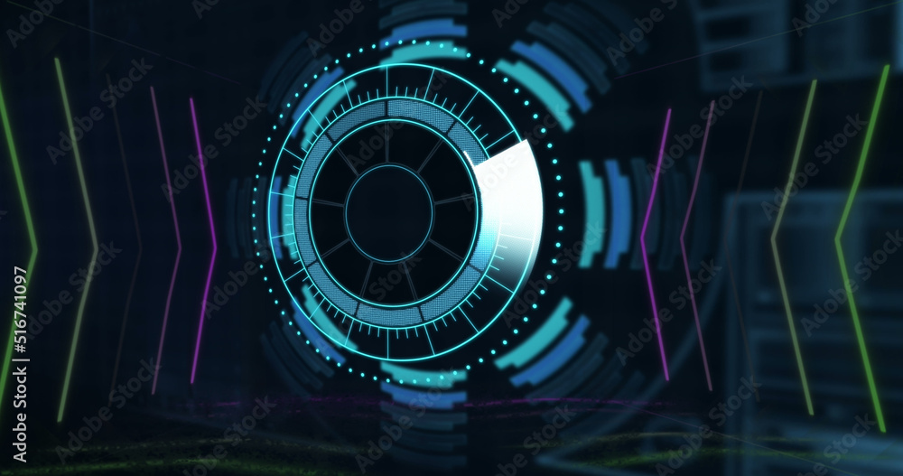 Image of neon lines over data processing and scope scanning on black background Image of neon lines over data processing and scope scanning on black background