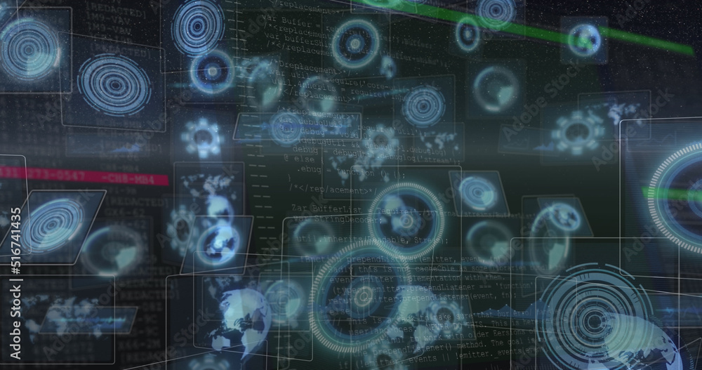 Digital image of multiple round scanner against data processing on blue background
