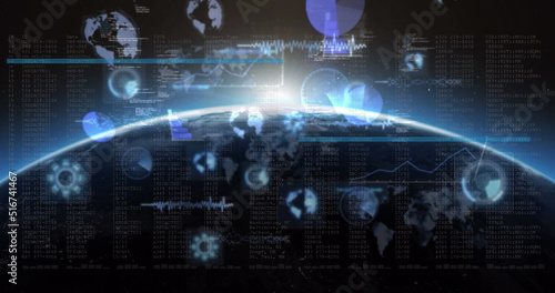 Image of statistics with data processing on screen and scopes scanning over planet earth