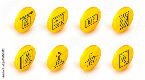 Set line Death certificate, Grave with coffin, cross, Obituaries, Speech bubble rip death, Beat dead monitor and Signboard tombstone icon. Vector