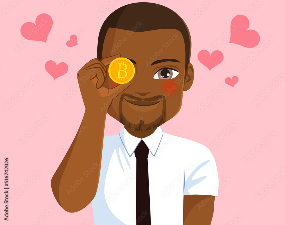 Face of male bitcoin lover with golden coin in the eye Face of male bitcoin lover with golden coin in the eye