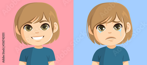 Little young boy expressing happy and sad face emotion. Joy and sadness concept vector cartoon illustration