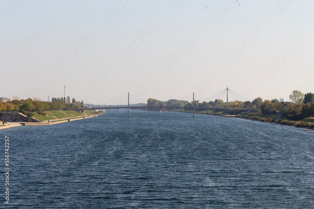 Danube river in Vienna, Austria near the Donau city and Danube Island