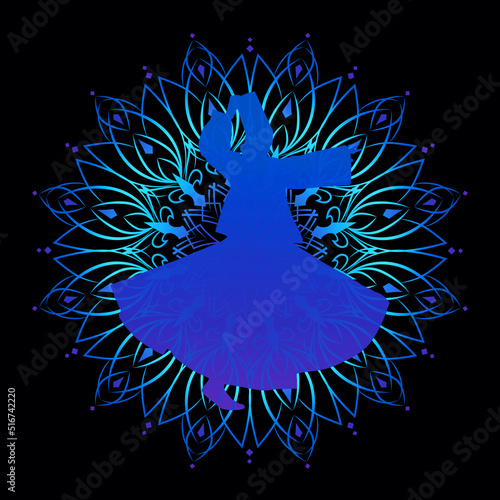 silhouette of sufi dervish tanura dancer mandala black background