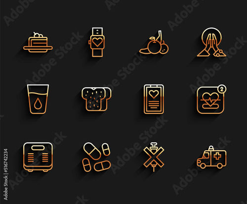 Set line Bathroom scales, Vitamin pill, Cake, No doping syringe, Ambulance and emergency car, Bread toast, Mobile with heart rate and Medical clipboard icon. Vector