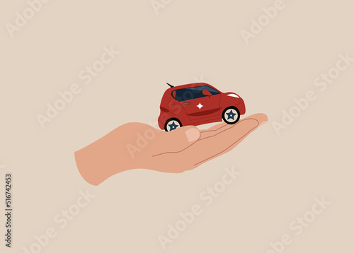 Mini car riding on the palm of your hand. Illustration of the image of car maintenance, buying and selling, car insurance.