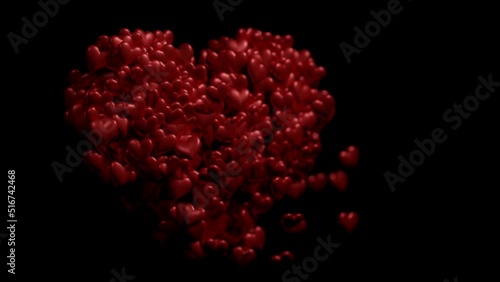 Small red hearts form a heart shape on black background, heartbeat grows stronger with more hearts, 4K UHD 3D animation