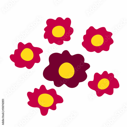 Vector abstract flowers set. Color chamomiles isolated on white background. Hand-drawn daisy. Cartoon pink petals Plant. Fresh bouquet sign. Symbol of summer, spring, nature. Cute floral illustration