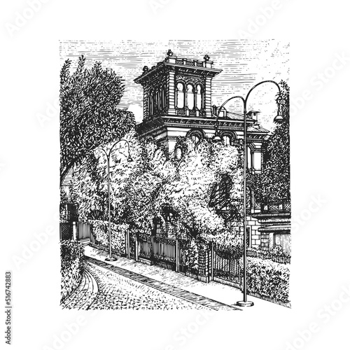 Town landscape, old palazzo illustration in vector