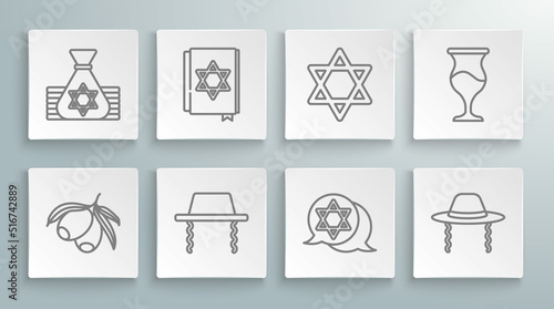 Set line Olives branch, Jewish torah book, Orthodox jewish hat, Star of David, goblet and money bag icon. Vector
