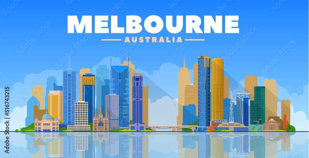 Naklejka premium Melbourne Australia skyline vector illustration. Blue background with city panorama. Travel picture. Image for Presentation Banner Placard and Web Site.