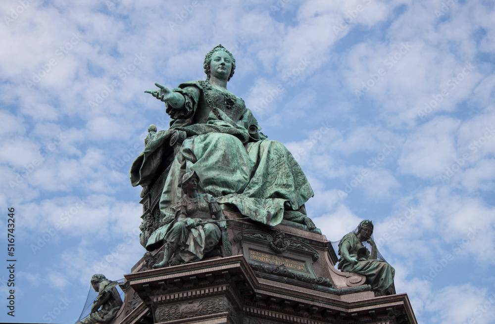 Empress Maria Theresa (ruler of the Habsburg dominions) monument in the old town of Vienna, the capital of Austria, Central Europe. Ancient bronze statue closeup. 