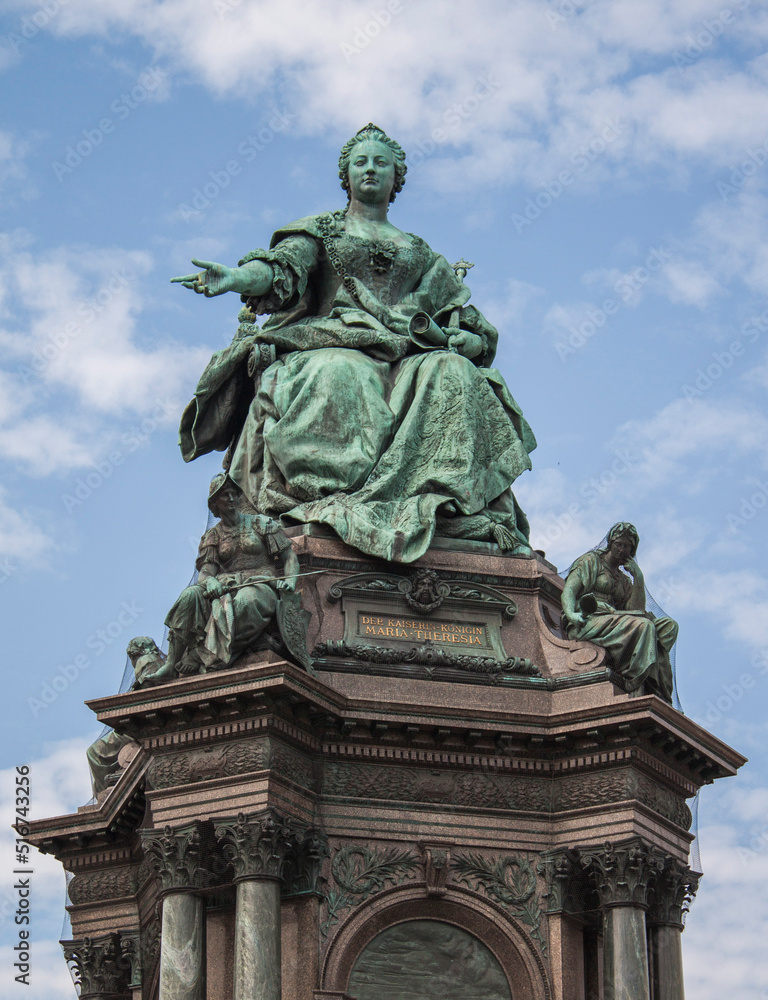 Empress Maria Theresa (ruler of the Habsburg dominions) monument in the old town of Vienna, the capital of Austria, Central Europe. Ancient bronze statue closeup. 
