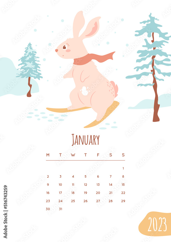 Obraz premium January month design, Calendar 2023 page with cute bunny skiing in the forest. Trees with snow, hills, snowflakes, abstract landscape. Vector illustration with date and mascot of new year.