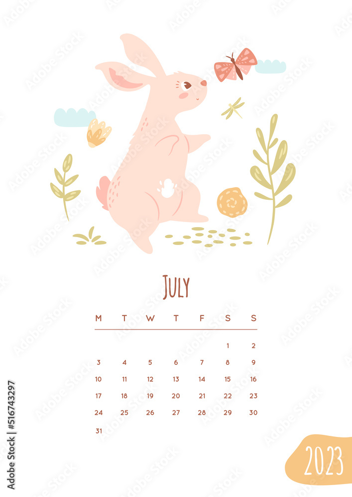 Obraz premium July calendar 2023 page. Cute bunny walking on nature, explore insects. Baby rabbit with butterfly, dragonfly on abstract landscape, flowers, branches and clouds. Vector illustration. Planner template