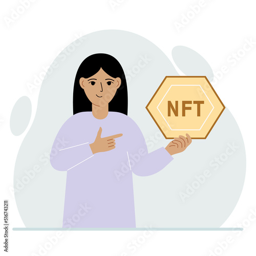 NFT concept. The woman is holding nft in his hand. Works of art using non-fungible tokens for auctions, sale and purchase of works of art.