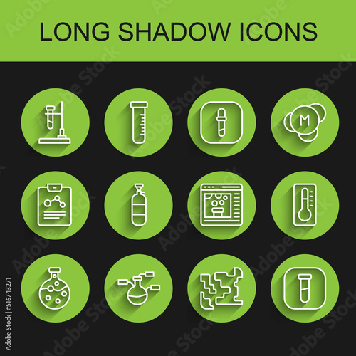 Set line Test tube and flask, on fire, Gaseous, Propane gas tank, Medical thermometer and Chemical online icon. Vector