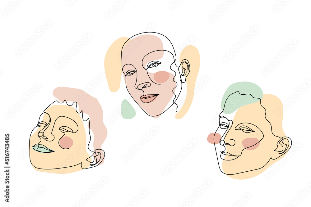 Set of female faces single line drawings and pastel abstract shapes compositions Set of female faces single line drawings and pastel abstract shapes compositions