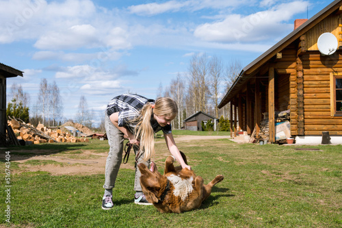 A teenage girl plays with a dog in the yard on a sunny day. Happiness.