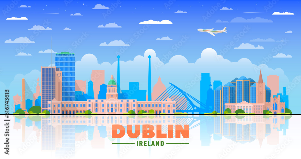 Obraz premium Dublin, ( Ireland ) city skyline vector illustration on sky background. Business travel and tourism concept with modern buildings. Image for presentation, banner, web site.