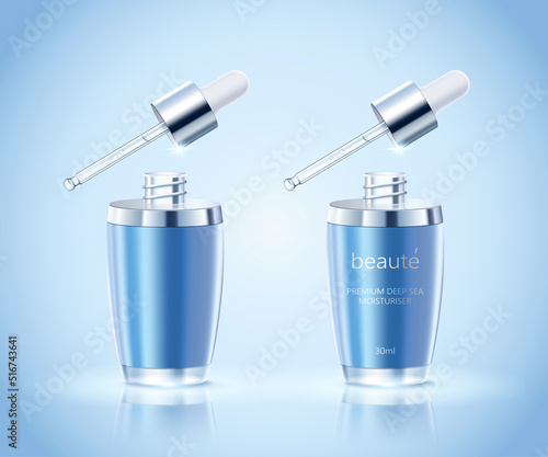 3d blue cosmetic dropper bottles