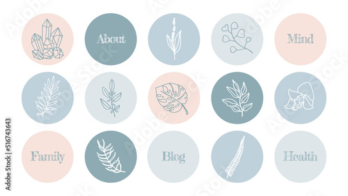 A set of highlights natural shades simple blue and beige icons for a blog about cosmetics, medicine and mental health.
