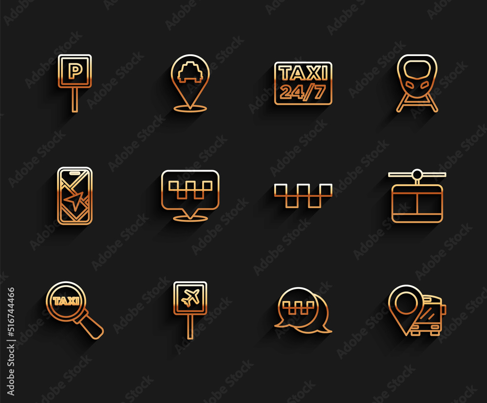 Set line Magnifying glass and taxi car, Airport, Parking, Taxi call telephone service, Location with bus, Cable and roof icon. Vector Set line Magnifying glass and taxi car, Airport, Parking, Taxi call telephone service, Location with bus, Cable and roof icon. Vector