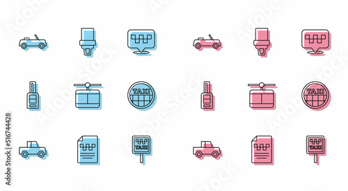Set line Car, Taxi driver license, Road sign for taxi stand, Cable car, roof, key with remote and Safety belt icon. Vector
