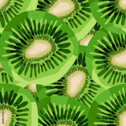 Kiwi sliced. Seamless pattern of kiwi halves in green. Summer print on textiles. Vector image of fruits.