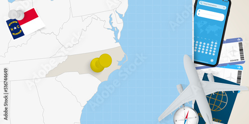 Travel to North Carolina concept, map with pin on map of North Carolina. Vacation preparation map, flag, passport and tickets.