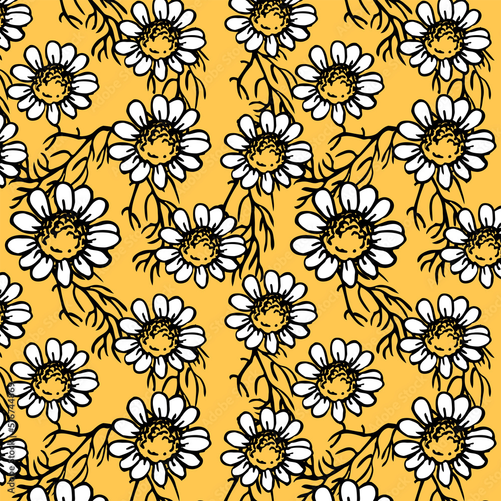 Floral pattern with white daisy on yellow background. Sweet found. Beautiful summer texture for your design. Botanic and floral element.