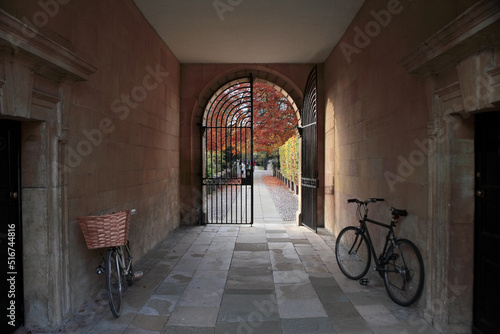 The rear entrance to Clare College looking across Clare Bridge: bicycles and Autumn colour in Cambridge University, Cambridge, England photo