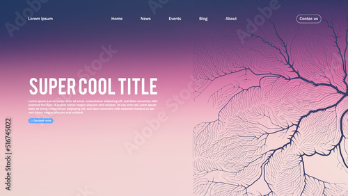 Landing page abstract design with branch pattern. Template for website or app with growing lines.