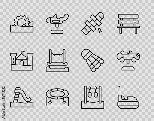 Set line Kid slide, Bumper car, Hopscotch, Jumping trampoline, Ferris wheel, Bungee, Gymnastic rings and Swing icon. Vector