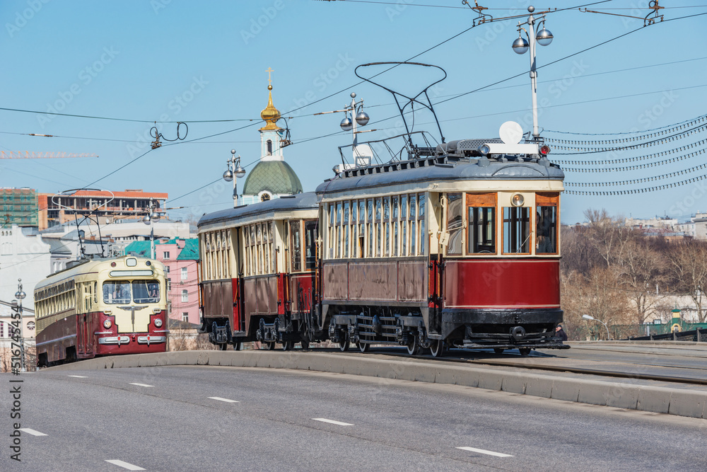Vintage tram on the town street in the city center.