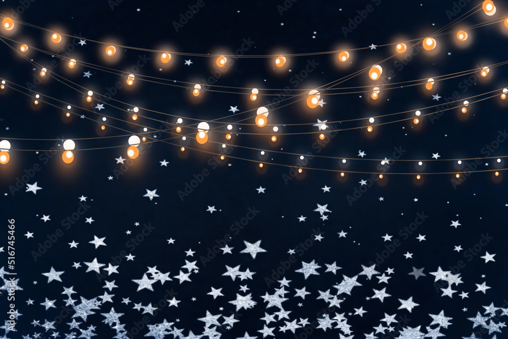 Naklejka premium Christmas Bokeh festive snowflakes bokeh garland light on dark background holiday blue yellow white template banner greetings card