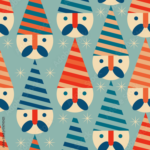 Vintage retro Christmas pattern with with Santa Claus heads .Background with Christmas gnomes 