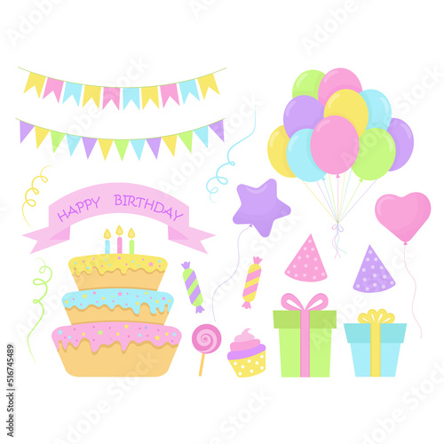 Cartoon birthday party collection. Cake  gifts  colorful balloons  garland  candles  confetti  heart  star. Isolated on white background