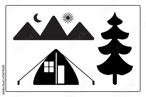 Camping icon set. Tent, fir, tree, mountain, hill, moon and sun black symbol.Summer tourism or journey sign.Camp, travel, vacation and adventure concept.Outdoor recreation in woods.Vector illustration
