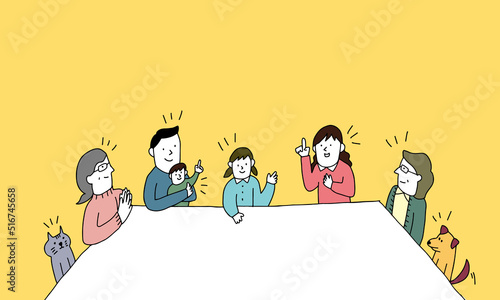 大きなテーブルで家族会議をしている三世代家族のイラスト