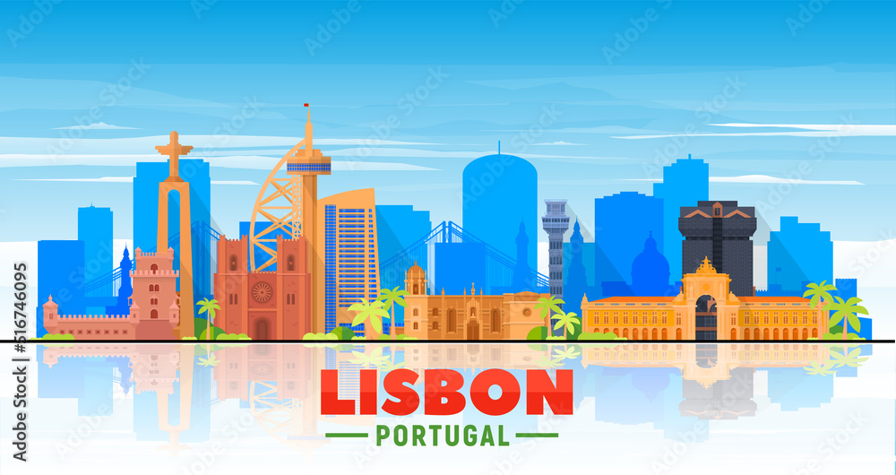 Lisbon ( Portugal ) skyline with panorama in white background. Vector Illustration. Business travel and tourism concept with modern buildings. Image for presentation, banner, web site.