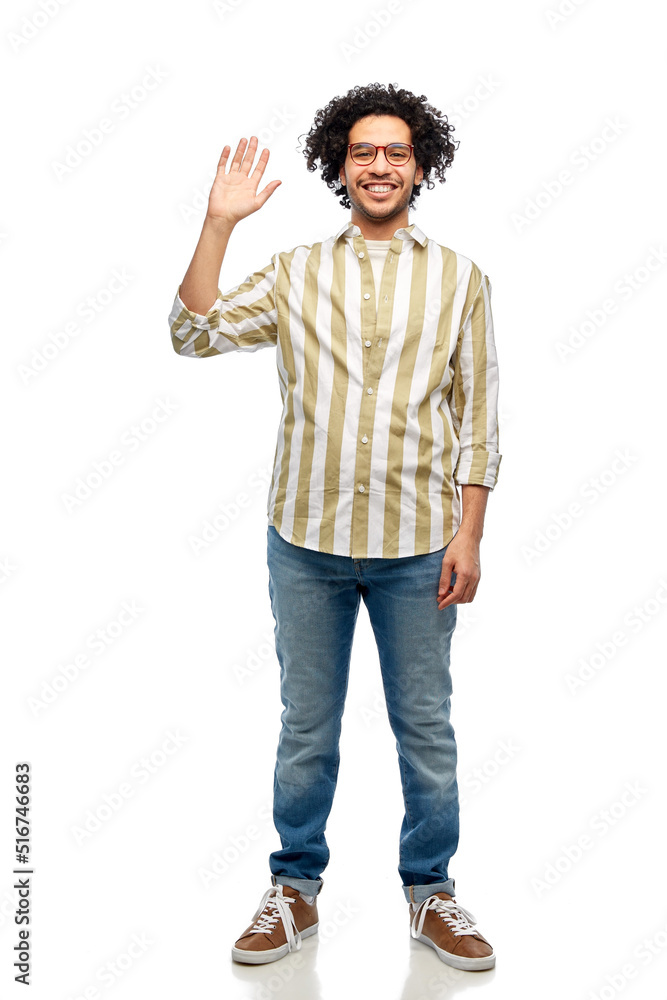 people and fashion concept - happy smiling man in glasses waving hand over white background people and fashion concept - happy smiling man in glasses waving hand over white background